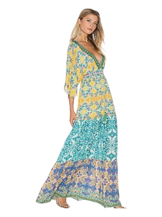 HEMANT & NANDITA Dresses & Skirts - HEMANT & NANDITA kaftan maxi dress royal blue yellow pink Cali Boho resort tall